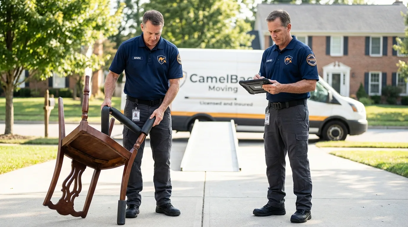 Movers inspecting furniture for damage prevention before loading in Buckley, WA